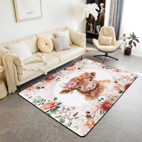 Feelyou Cute Highland Cow Area Rug 3x5 Kids Cartoon Animal Decorative Rug for Boys Girls Teens Flower Floral Print Living Room Rugs Farm Zoo Garden Theme Indoor Floor Mat Room Decor