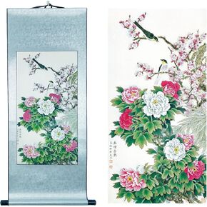 Asian Wall Decor Beautiful Silk Scroll Painting Peony Painting - Chinese Art Wall Scroll Wall Hanging 15.75in x 42.32in