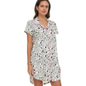 Womens Nightgown - Peanuts Snoopy Short Sleeve Collared Button Down Sleep Shirt with Chest Pocket (Sizes: S-XL)