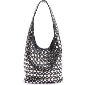 Women Studded Hobo Purse Vegan Leather Y2k Shoulder Handbag Punk Bucket Bags