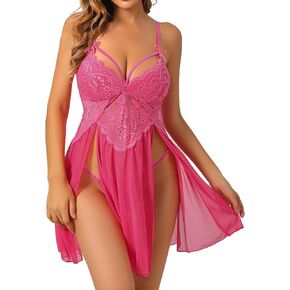 Women's Mesh Nightgown Lace Babydoll Strappy V Neck Split Hem Chemise with Thong Sheer Lingerie