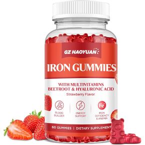 Iron Gummies for Women & Kids - Iron Supplement Gummies with Multivitamin for Blood Builder, Energy, Iron Deficiency & Anemia - Sugar Free Vegan Iron Gummies Strawberry 60 ct