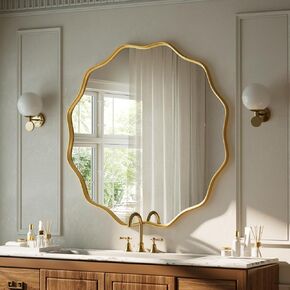 Gold Scalloped Circle Mirror, 24" Wavy Edge Round Wall Mirror with Tempered Glass Textured Circular Metal Deep Frame, Hanging Leaning for Bathroom, Hallway, Entryway, Livng Room