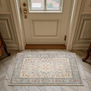 Washable Rug 4x6, Beige Area Rugs Non Slip, Indoor Low Pile Carpet with Rubber Backing for Living Room Kitchen Bathroom Entryway Office Bedroom