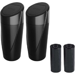 Car Trash Can Bin with Lid, Portable Leakproof Automotive Garbage Can Bin, Car Cup Holder Trash Can with 1 Roll Trash Bags, Mini Car Storage Interior Accessories for Car, Vehicle, Office, Home (2PCS)
