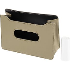 1 Set Universal Car Trash Can Hanging 7.9" Length 2.8" Width 5.5" Height Trash Bin with Garbage Bag Beige Faux Leather