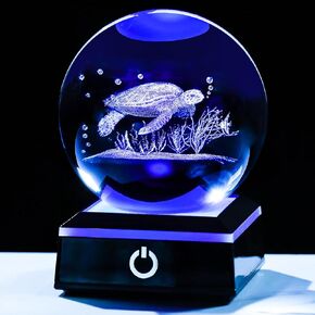 YWHL 80mm 3D Sea Turtle Crystal Ball Figurine with Colorful LED Base, 3D Laser Etched Crystal Sea Turtle Decor Glass Sphere Figurine Ornaments Sea Turtle Gifts for Women Men Kids