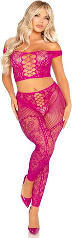 Leg Avenue womens 2 Pc Net and Lace Off-the-shoulder Crop Top and Footless Tights in Saudi Arabia
