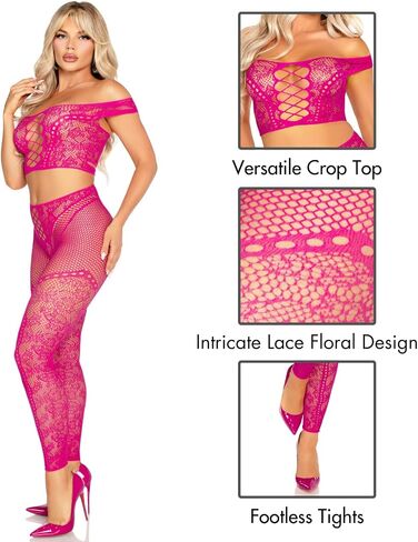 Leg Avenue womens 2 Pc Net and Lace Off-the-shoulder Crop Top and Footless Tights in Saudi Arabia