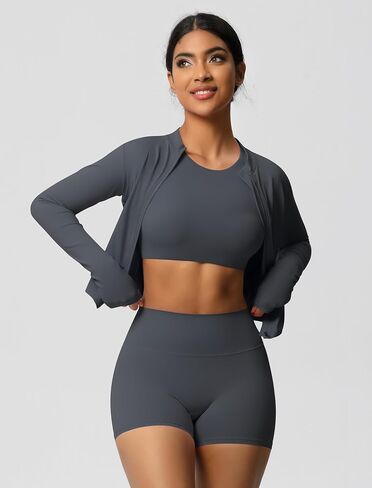 3 Piece Workout Sets for Women High Waisted Seamless Shorts Crop Top Jacket Gym Yoga Outfit Stretchy Sports Bra Set in Saudi Arabia