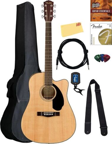 غيتار كهربائي صوتي من Fender CD-60SCE ذو رأس صلب - مجموعة كاملة من الماهوجني مع حافظة صلبة، وكابل للآلات، وموالف، وحزام، وأوتار، ولقطات، وأقراص DVD التعليمية لأوستن بازار in Kuwait