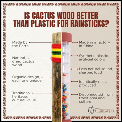 20" Chilean Cactus Rainstick Musical Instrument with yarn wrap and sealant - Authentic Rain Stick Shaker from Africa Heartwood Project (TM) in Saudi Arabia