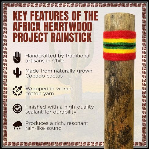 20" Chilean Cactus Rainstick Musical Instrument with yarn wrap and sealant - Authentic Rain Stick Shaker from Africa Heartwood Project (TM) in Saudi Arabia
