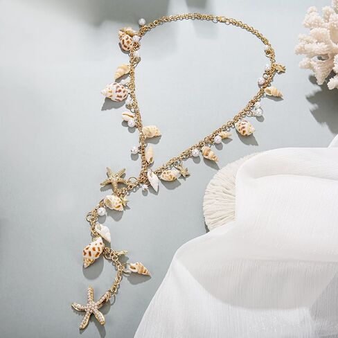 Shell Starfish Necklace, Conch Statement Chunky Y Necklace Mermaid Costume Jewelry Beach Jewelry for Women in Saudi Arabia