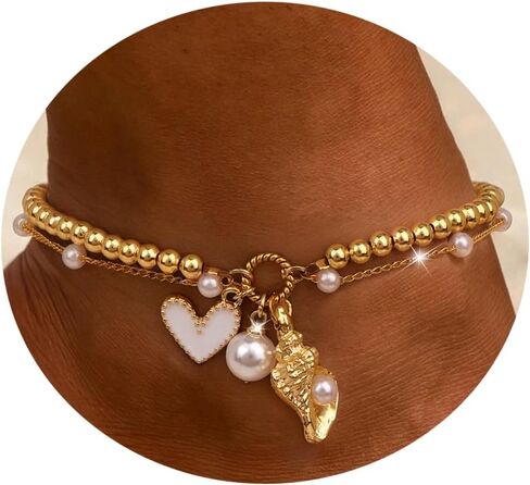 Gold Shell Charms Anklets Set for Women Boho bead Dainty Adjustable ankle bracelets for women waterproof Summer beach Pearl 18k Gold Anklet jewelry for women Gift in Saudi Arabia