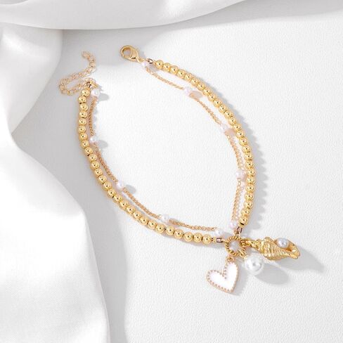 Gold Shell Charms Anklets Set for Women Boho bead Dainty Adjustable ankle bracelets for women waterproof Summer beach Pearl 18k Gold Anklet jewelry for women Gift in Saudi Arabia