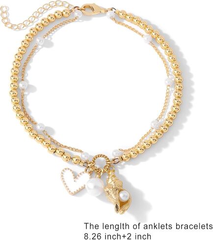 Gold Shell Charms Anklets Set for Women Boho bead Dainty Adjustable ankle bracelets for women waterproof Summer beach Pearl 18k Gold Anklet jewelry for women Gift in Saudi Arabia