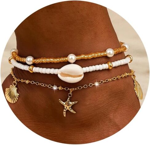 Gold Shell Charms Anklets Set for Women Boho bead Dainty Adjustable ankle bracelets for women waterproof Summer beach Pearl 18k Gold Anklet jewelry for women Gift in Saudi Arabia