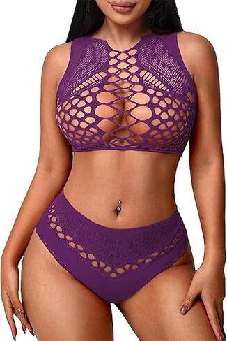 Womens Lingerie Fishnet Lingerie Sets for Women Sexy Two Piece Sleeveless Crop Top Bra and Panty Set Stripper Outfit in Kuwait