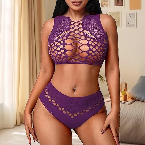 Womens Lingerie Fishnet Lingerie Sets for Women Sexy Two Piece Sleeveless Crop Top Bra and Panty Set Stripper Outfit in Kuwait