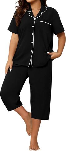 SWOMOG CAPRI PAJAMA WIND PLUS PAJAMAS مجموعة قصيرة الأكمام زر أسفل ملابس السراويل الناعمة صالة صالة 2 قطعة PJS in Kuwait