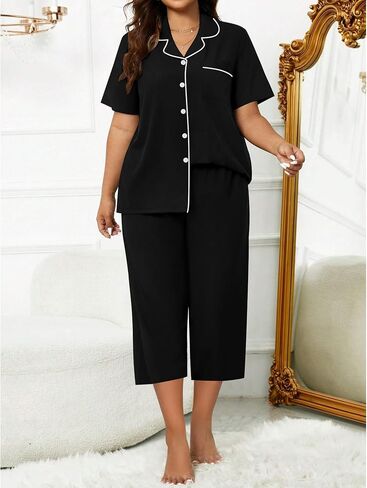 SWOMOG CAPRI PAJAMA WIND PLUS PAJAMAS مجموعة قصيرة الأكمام زر أسفل ملابس السراويل الناعمة صالة صالة 2 قطعة PJS in Kuwait