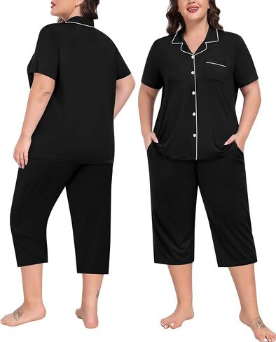 SWOMOG CAPRI PAJAMA WIND PLUS PAJAMAS مجموعة قصيرة الأكمام زر أسفل ملابس السراويل الناعمة صالة صالة 2 قطعة PJS in Kuwait