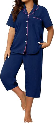 SWOMOG CAPRI PAJAMA WIND PLUS PAJAMAS مجموعة قصيرة الأكمام زر أسفل ملابس السراويل الناعمة صالة صالة 2 قطعة PJS in Kuwait