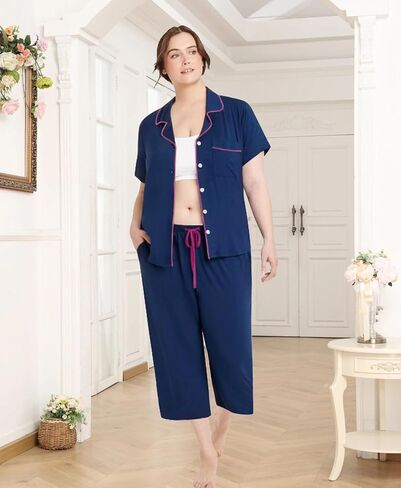 SWOMOG CAPRI PAJAMA WIND PLUS PAJAMAS مجموعة قصيرة الأكمام زر أسفل ملابس السراويل الناعمة صالة صالة 2 قطعة PJS in Kuwait