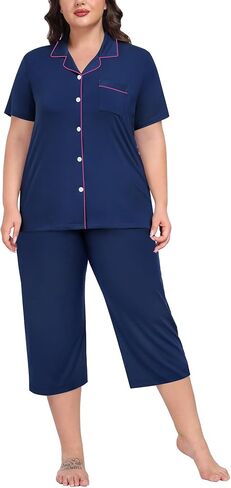 SWOMOG CAPRI PAJAMA WIND PLUS PAJAMAS مجموعة قصيرة الأكمام زر أسفل ملابس السراويل الناعمة صالة صالة 2 قطعة PJS in Kuwait
