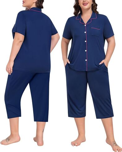 SWOMOG CAPRI PAJAMA WIND PLUS PAJAMAS مجموعة قصيرة الأكمام زر أسفل ملابس السراويل الناعمة صالة صالة 2 قطعة PJS in Kuwait