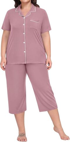 SWOMOG CAPRI PAJAMA WIND PLUS PAJAMAS مجموعة قصيرة الأكمام زر أسفل ملابس السراويل الناعمة صالة صالة 2 قطعة PJS in Kuwait