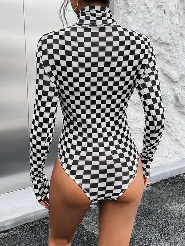 SHENHE Women's Mock Turtle Neck Checkered Long Sleeve Sheer Plaid Tshirt Bodysuit in Kuwait