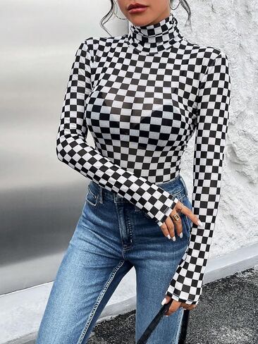 SHENHE Women's Mock Turtle Neck Checkered Long Sleeve Sheer Plaid Tshirt Bodysuit in Kuwait