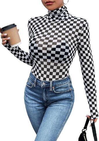 SHENHE Women's Mock Turtle Neck Checkered Long Sleeve Sheer Plaid Tshirt Bodysuit in Saudi Arabia