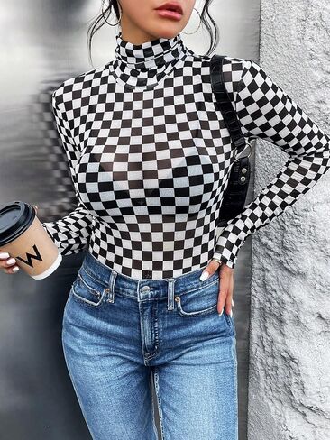 SHENHE Women's Mock Turtle Neck Checkered Long Sleeve Sheer Plaid Tshirt Bodysuit in Kuwait