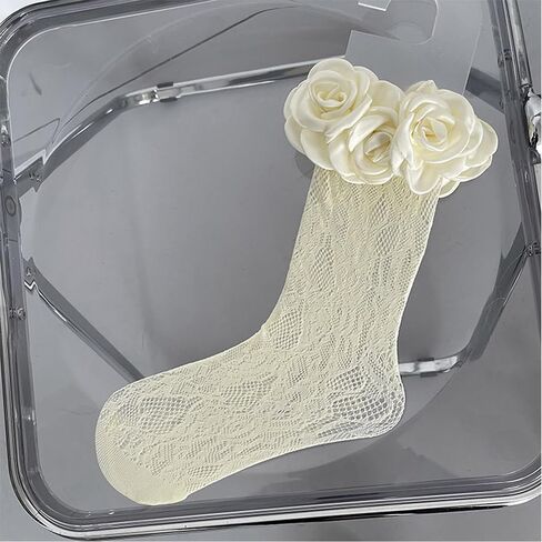 Benefet Sox Women's Camellia Lace Socks - Girls Cute Flower Top Mesh Fishnet Kawaii Fancy Decored Anclet in Kuwait