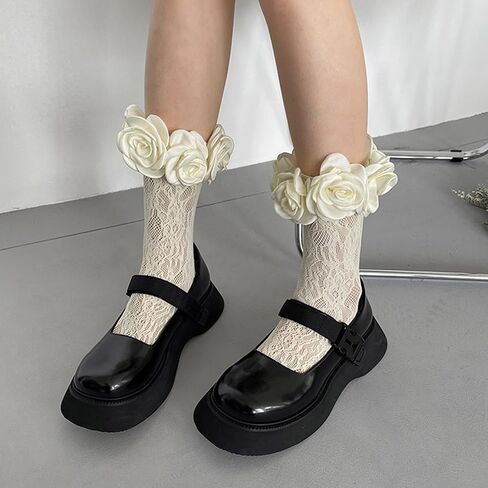 Benefet Sox Women's Camellia Lace Socks - Girls Cute Flower Top Mesh Fishnet Kawaii Fancy Decored Anclet in Kuwait