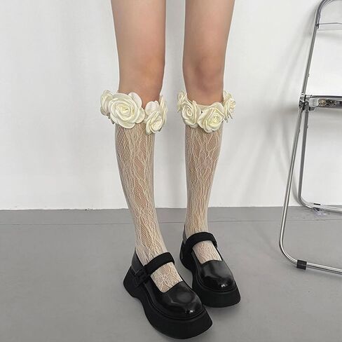 Benefet Sox Women's Camellia Lace Socks - Girls Cute Flower Top Mesh Fishnet Kawaii Fancy Decored Anclet in Kuwait