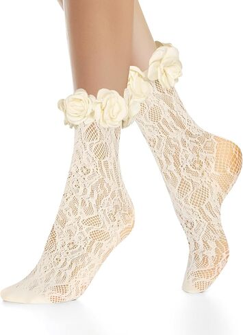 Benefet Sox Women's Camellia Lace Socks - Girls Cute Flower Top Mesh Fishnet Kawaii Fancy Decored Anclet in Kuwait