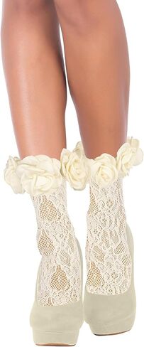 Benefet Sox Women's Camellia Lace Socks - Girls Cute Flower Top Mesh Fishnet Kawaii Fancy Decored Anclet in Kuwait