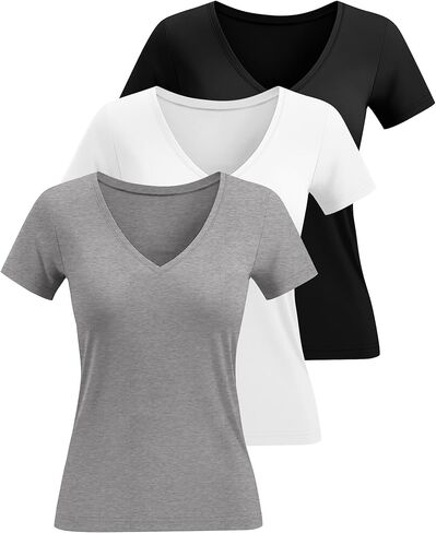 Huukeay 3 Pack Women's Deep V Neck Shirts, Cotton Short Sleeves Slim Fitted Top Going Out Summer Tight T-Shirt Tee in Saudi Arabia