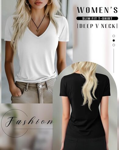 Huukeay 3 Pack Women's Deep V Neck Shirts, Cotton Short Sleeves Slim Fitted Top Going Out Summer Tight T-Shirt Tee in Saudi Arabia
