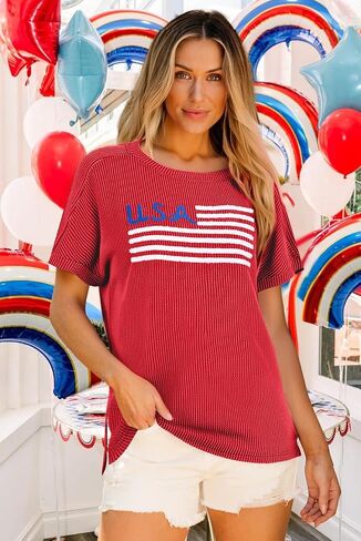 USA Shirt Women Chenille American Flag Graphic Shirt 4th of July Shirts Patriotic T-Shirt Short Sleeve Stripes Tee Tops in Saudi Arabia