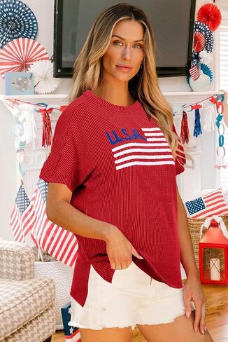 USA Shirt Women Chenille American Flag Graphic Shirt 4th of July Shirts Patriotic T-Shirt Short Sleeve Stripes Tee Tops in Saudi Arabia