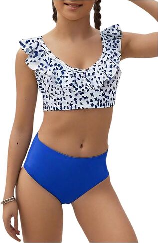 Girl's 2 Pieces Swimwear Set Graphic Print Ruffle Bikini Tops and Bottoms in Saudi Arabia