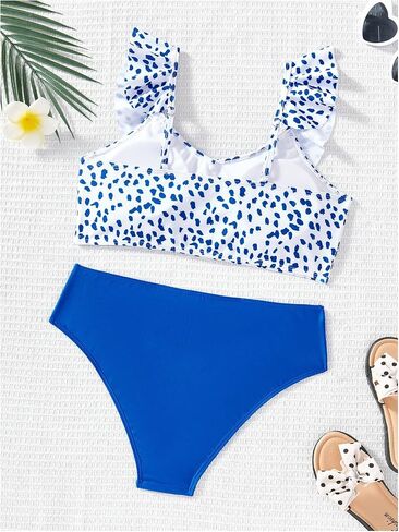 Girl's 2 Pieces Swimwear Set Graphic Print Ruffle Bikini Tops and Bottoms in Saudi Arabia