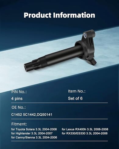 لفائف Coil Ignition Coils ECCPP UF-430 6 PCS ، لتويوتا سولارا 3.3L 2004-2008 ، من أجل Highlander 3.3L 2004-2007 ، لـ Camry/Sienna/RX330/ES330 3.3L 2004-2006 ، لـ LEXUS RX400H 3.3L 2006-008 C1452 5C1442 in Saudi Arabia