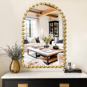 مرآة جدار مقوسة مع إطار مخرز للمعادن ، 24 "× 36" مرآة جدار مزخرفة ذهبية عتيقة للحمام ، غرفة نوم ، غرفة معيشة ، مدخل