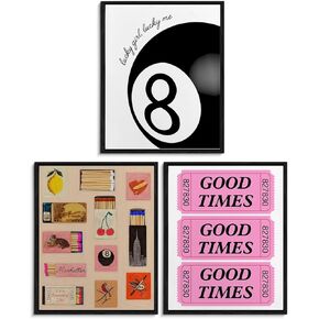 Trendy Retro Wall Art Lucky Girl 8 Ball Poster, Aesthetic Preppy Room Decor, Retro Ticket Matchbox Prints for Dorm Bedroom Wall Decor, 8x10 Inches Set of 3 Unframed